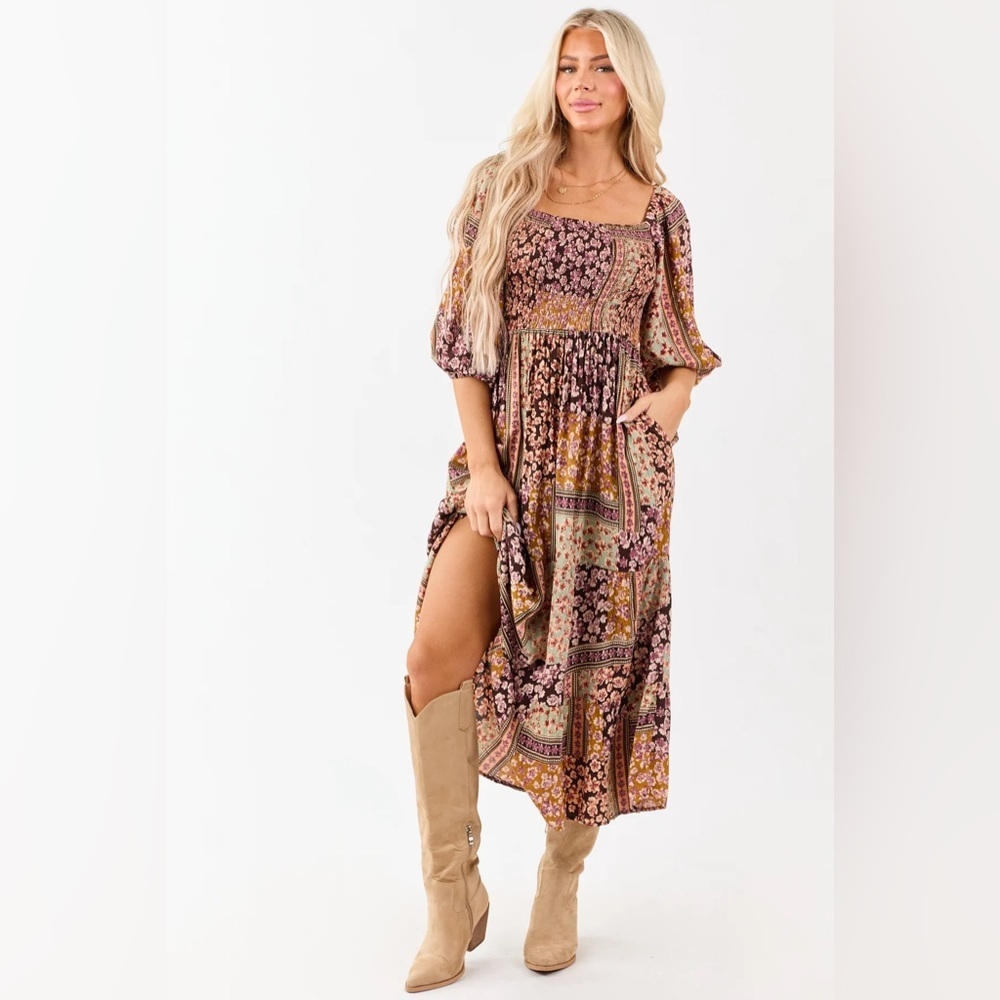 NWT Boho Mixed Floral Patchwork Print Smocked Balloon Sleeve Maxi Midi Dress - Picture 3 of 9